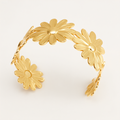 Crafted Daisy Cuff Bracelet 18K Gold 316L Steel Waterproof | DZE0840-JinBaoJewerly