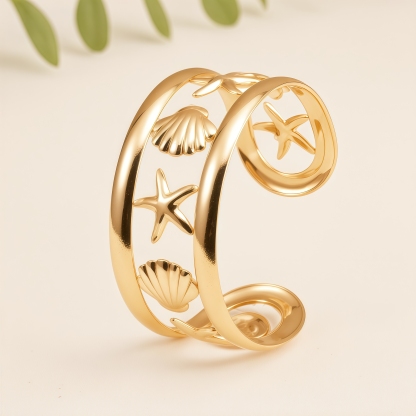 Bohemian Starfish Seashell Open Cuff Stainless Steel Bracelet for Women