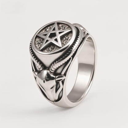Men's Stainless Steel Dark Goat Horn & Pentagram Retro Punk Ring