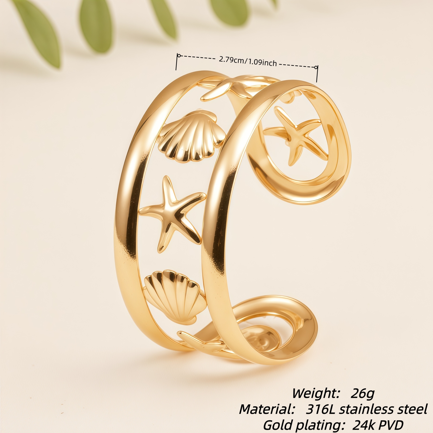 Bohemian Starfish Seashell Open Cuff Stainless Steel Bracelet for Women