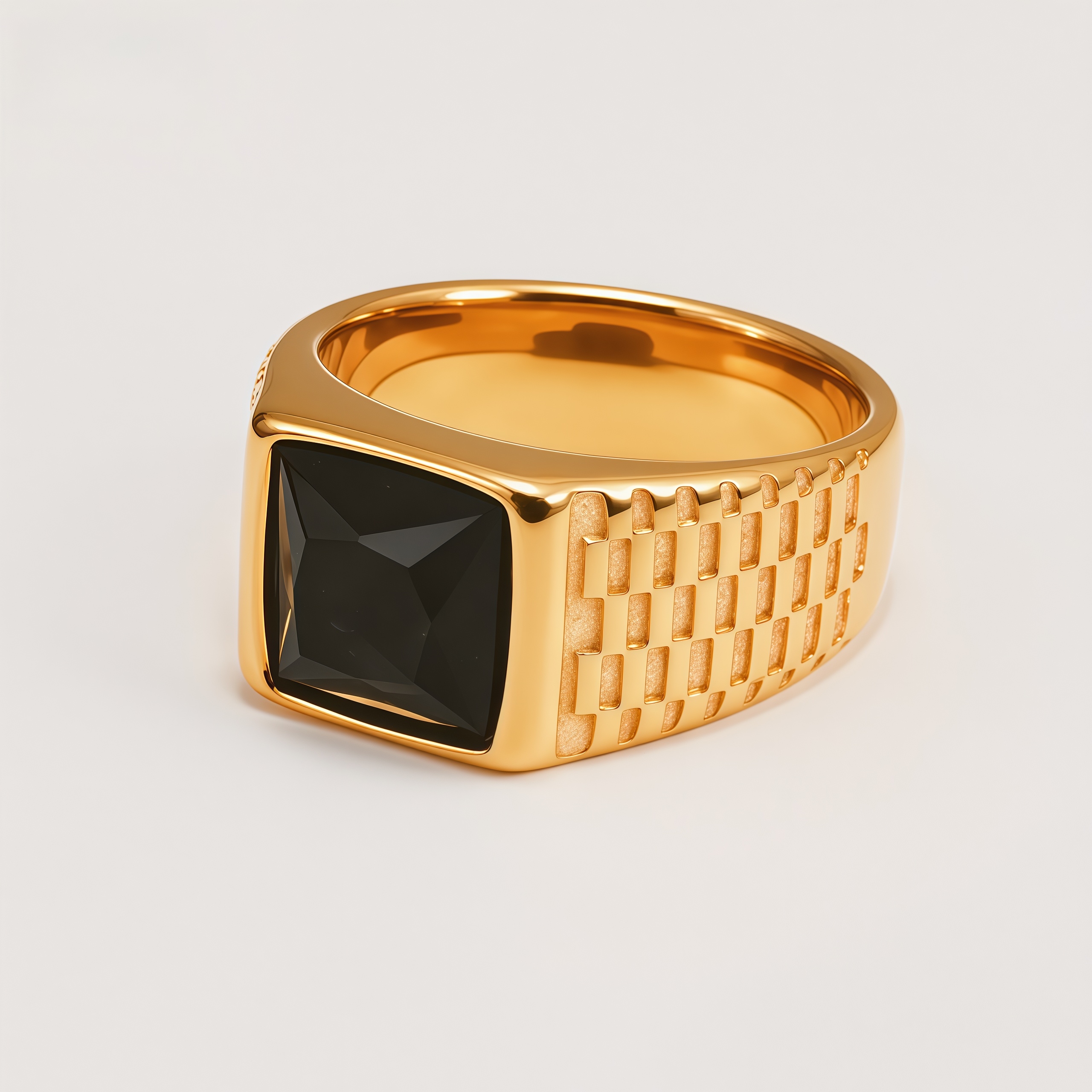 Men's Stainless Steel Square Gemstone Vintage Grid Texture Ring | K0099J