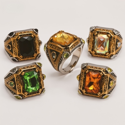 Men's Two-Tone Gemstone-Inlaid Carved Decorative Ring | K003199JJ