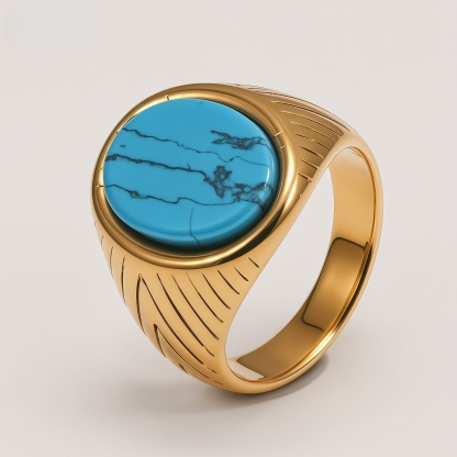 Men's Natural Veined Turquoise Inlaid Engraved Ring