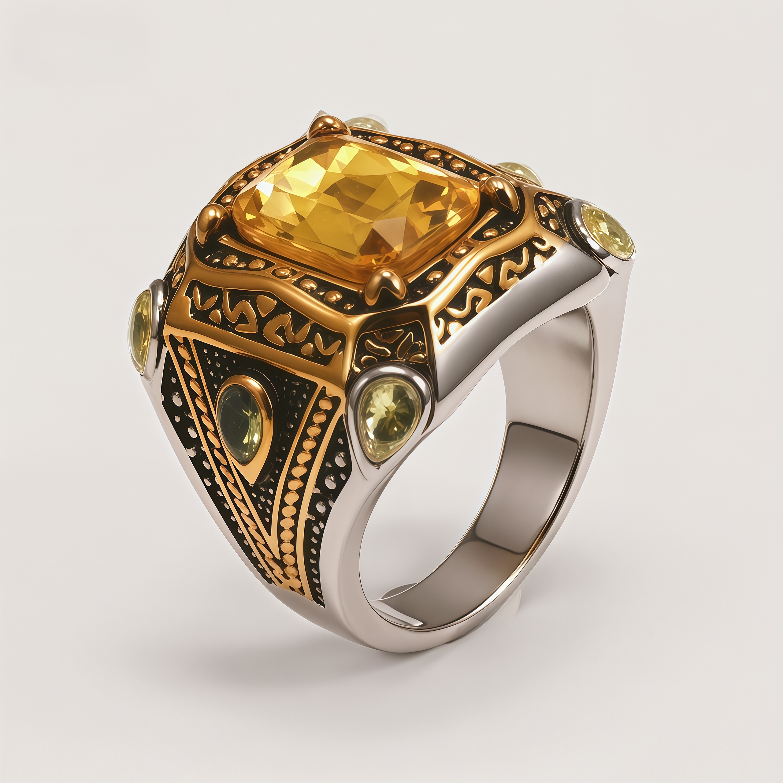 Men's Two-Tone Gemstone-Inlaid Carved Decorative Ring | K003199JJ