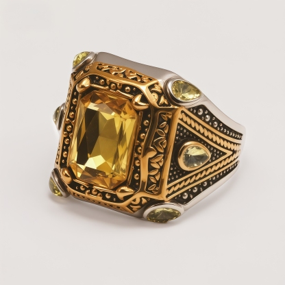 Men's Two-Tone Gemstone-Inlaid Carved Decorative Ring | K003199JJ