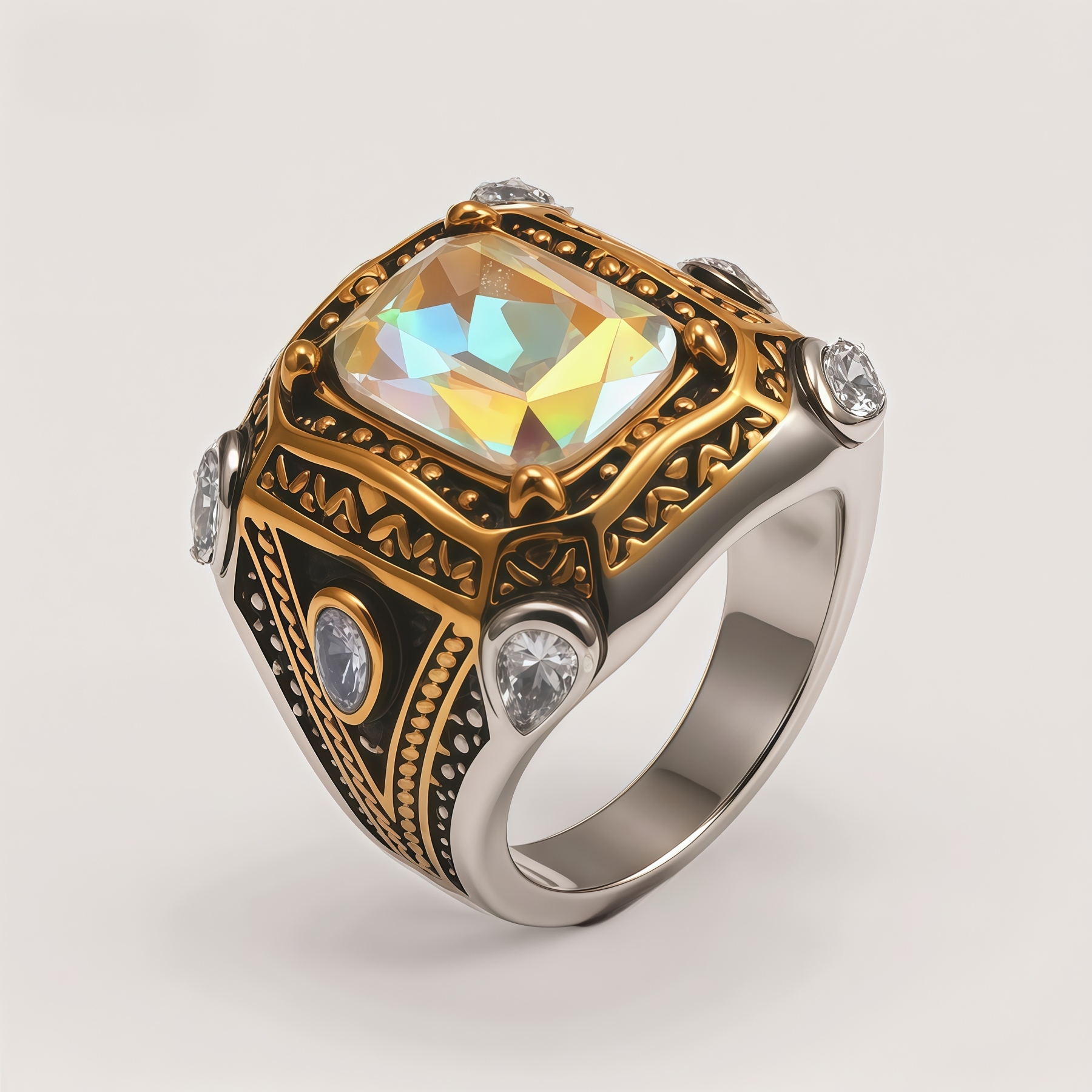 Men's Two-Tone Gemstone-Inlaid Carved Decorative Ring | K003199JJ