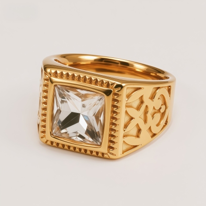 Men's Square Cut Cubic Zirconia Vintage Pattern Ring | BL977J