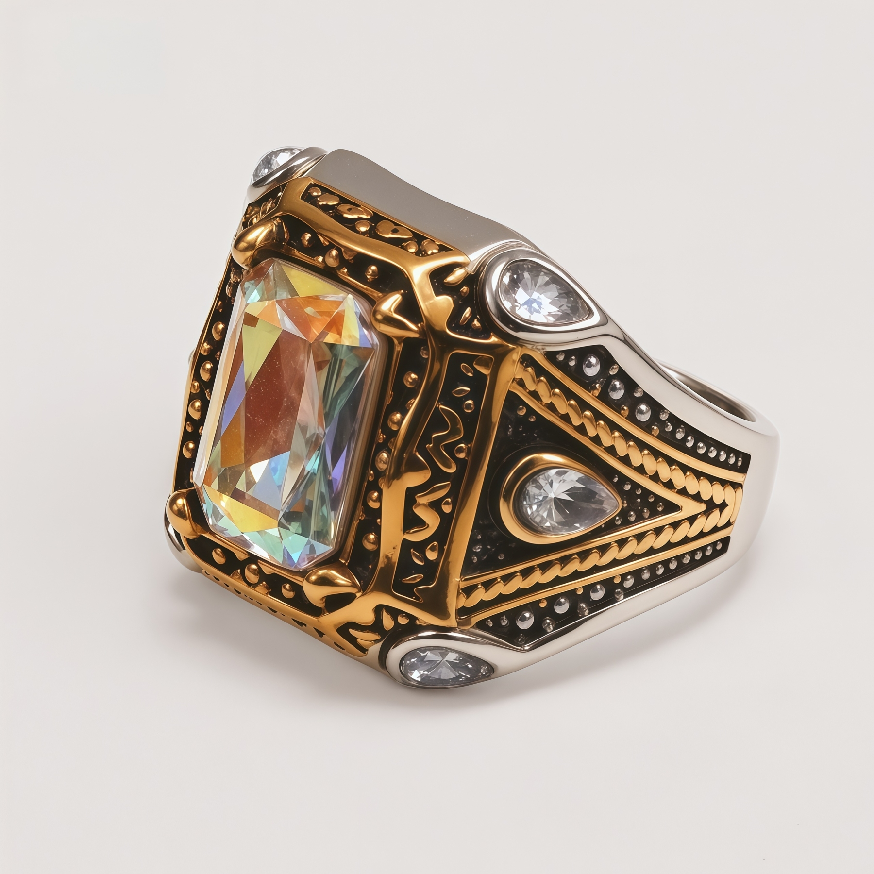 Men's Two-Tone Gemstone-Inlaid Carved Decorative Ring | K003199JJ