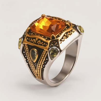 Men's Two-Tone Gemstone-Inlaid Carved Decorative Ring | K003199JJ