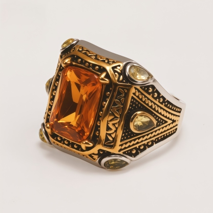 Men's Two-Tone Gemstone-Inlaid Carved Decorative Ring | K003199JJ