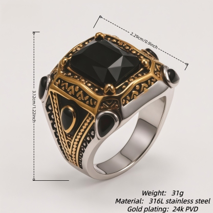 Men's Two-Tone Gemstone-Inlaid Carved Decorative Ring | K003199JJ