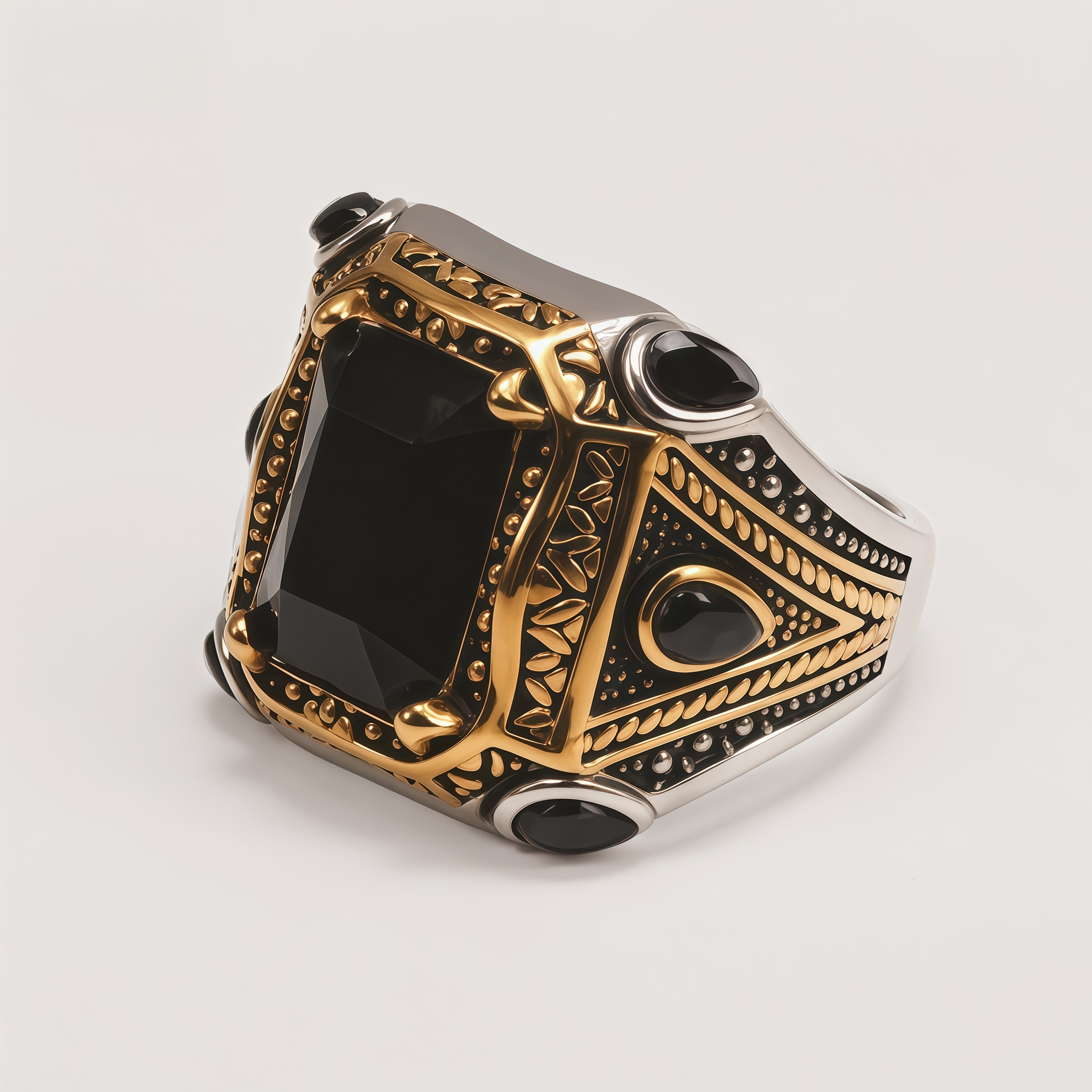 Men's Two-Tone Gemstone-Inlaid Carved Decorative Ring | K003199JJ