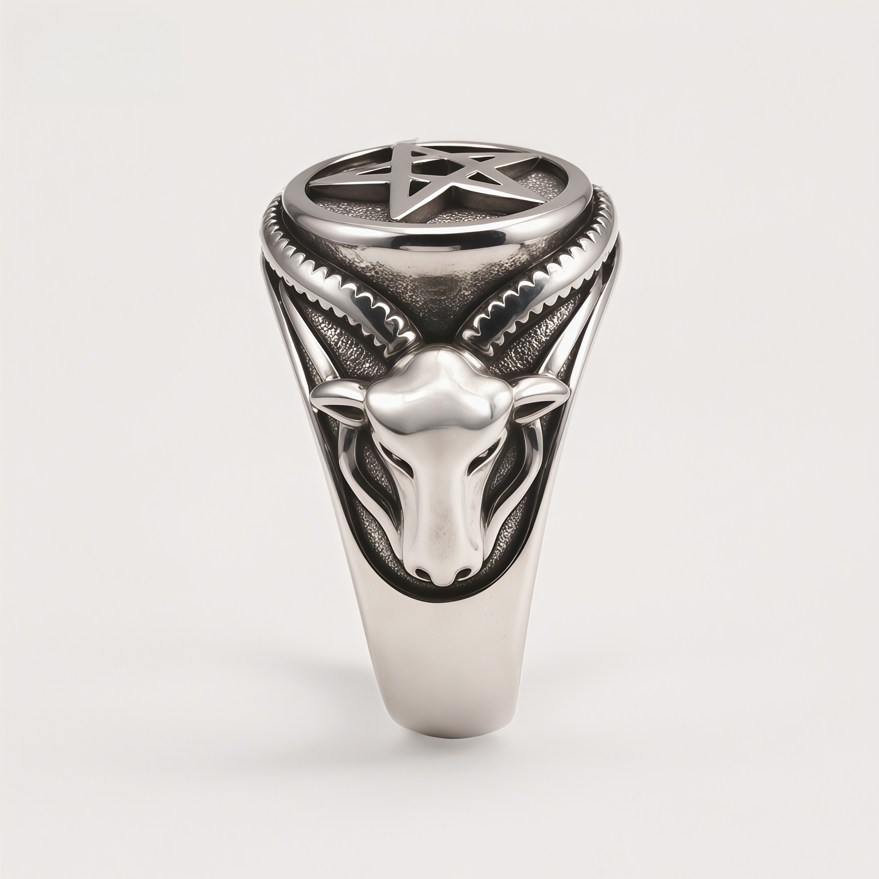 Men's Stainless Steel Dark Goat Horn & Pentagram Retro Punk Ring