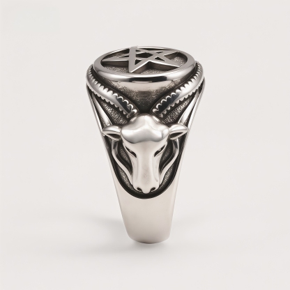 Men's Stainless Steel Dark Goat Horn & Pentagram Retro Punk Ring