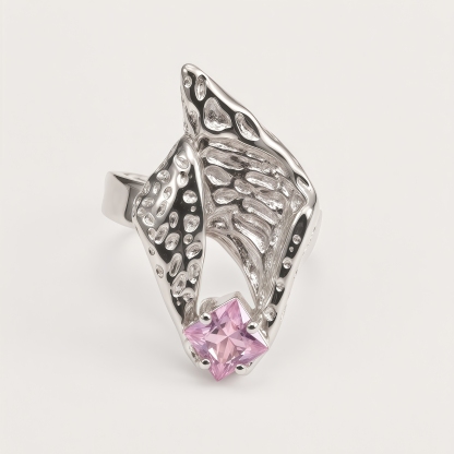 Vintage Stainless Steel Pink Crystal Irregular Ring for Women | G005764