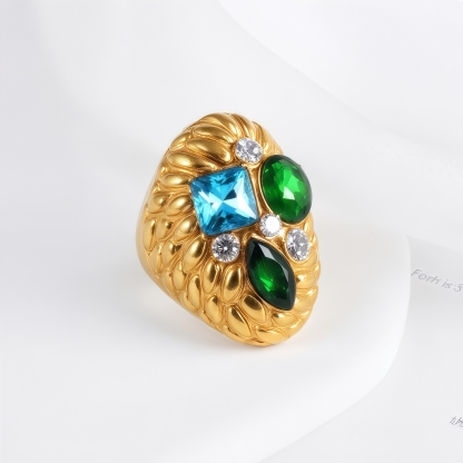 Stylish Embossed Colorful Gemstone Stainless Steel Ring for Women | G004467-JinBaoJewerly