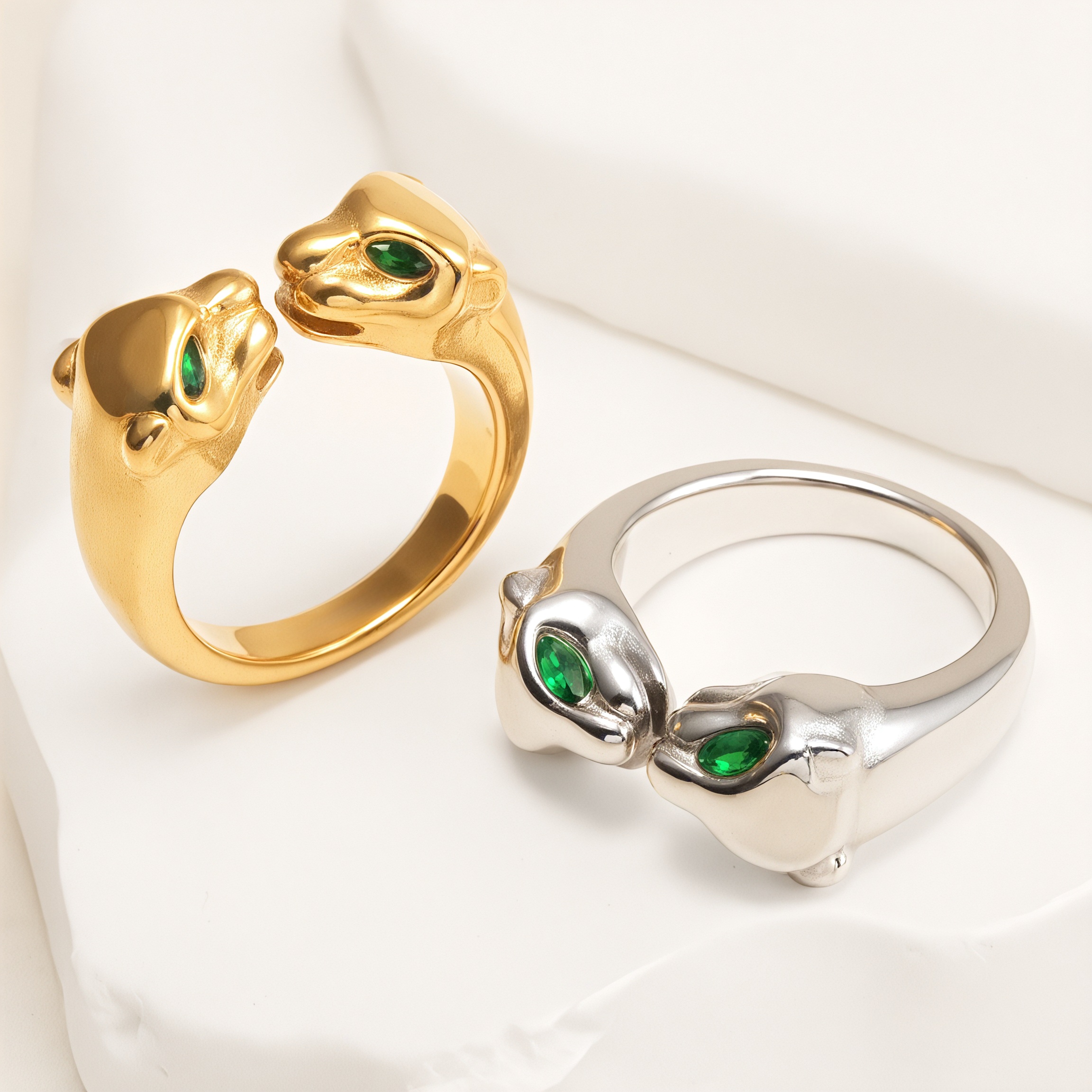 24K Gold Plated Stainless Steel Double - Panther Head Ring with Green Stones丨G006105-JinBaoJewerly