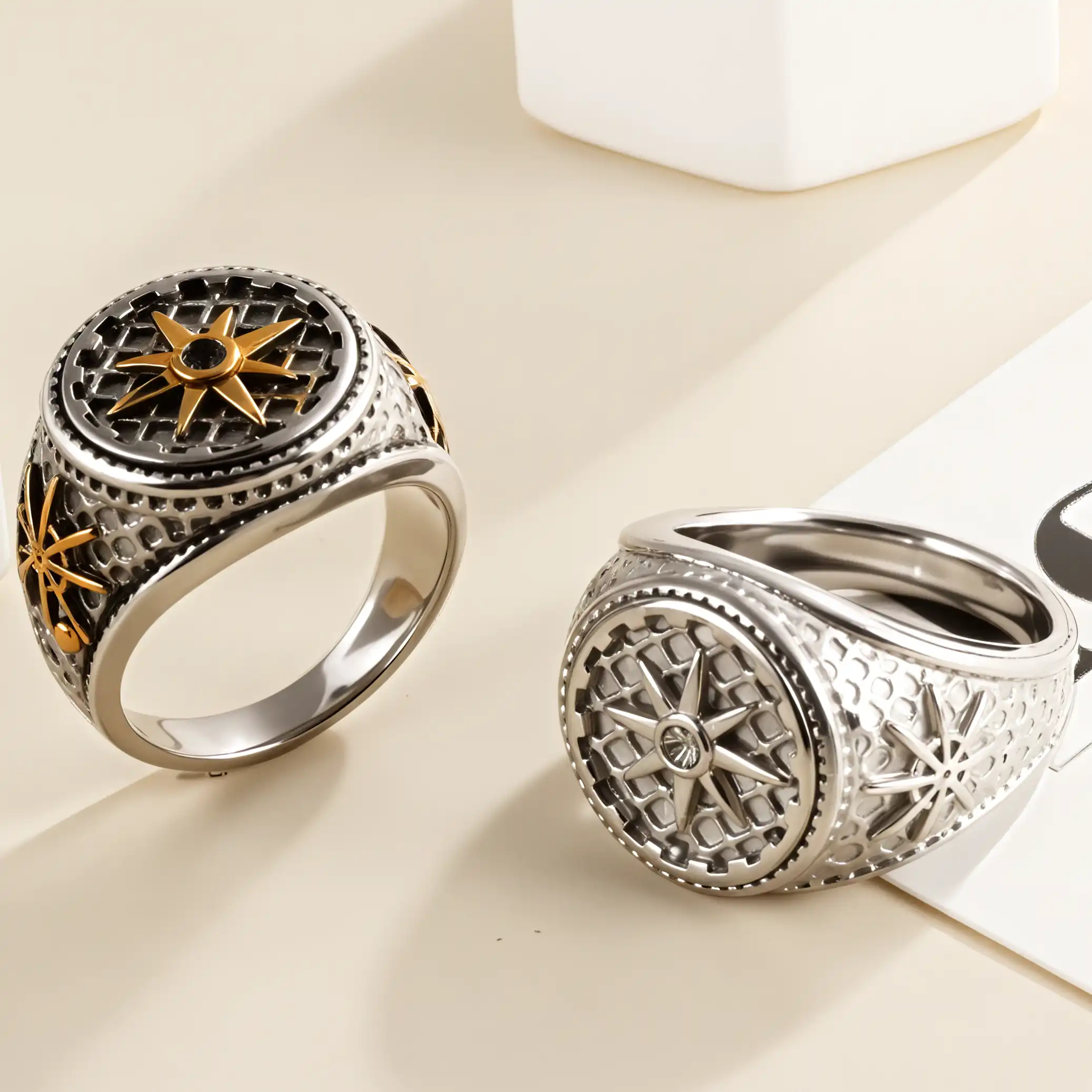 Mens Vintage Stainless Steel Compass Ring Retro Nautical Jewelry | G002130-JinBaoJewerly