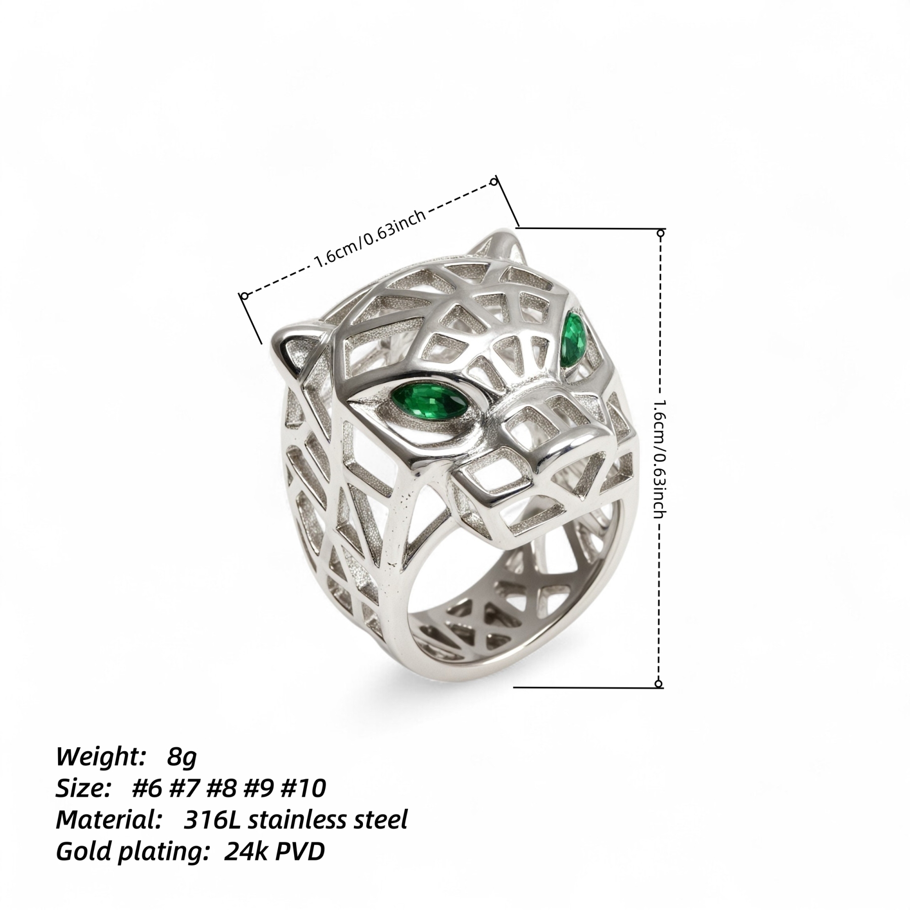 24K Gold Plated Stainless Steel Panther Head Ring with Green Stones丨G001002JLV-JinBaoJewerly