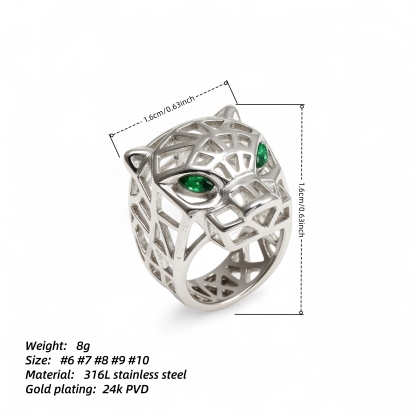 24K Gold Plated Stainless Steel Panther Head Ring with Green Stones丨G001002JLV-JinBaoJewerly