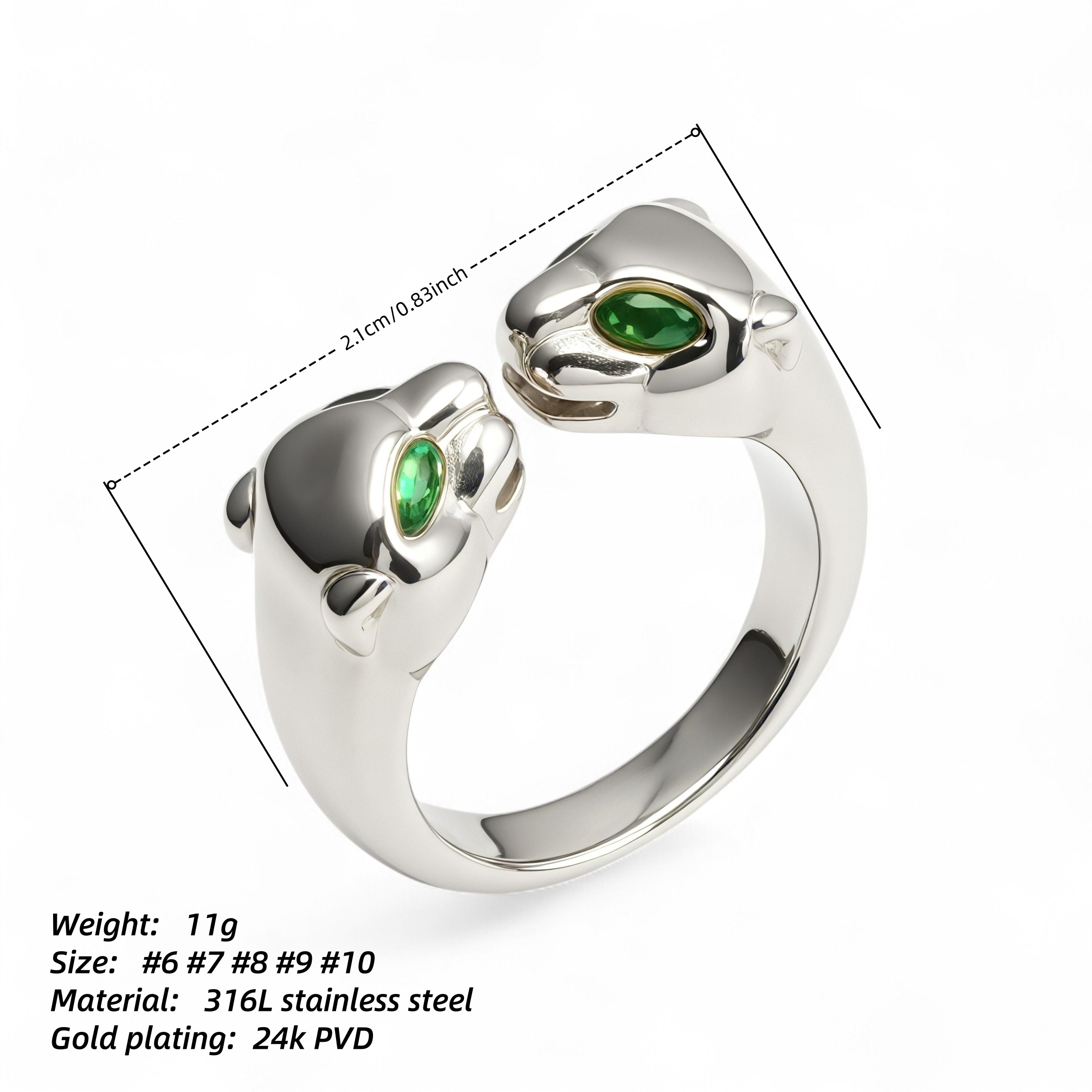 24K Gold Plated Stainless Steel Double - Panther Head Ring with Green Stones丨G006105-JinBaoJewerly