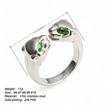 24K Gold Plated Stainless Steel Double - Panther Head Ring with Green Stones丨G006105-JinBaoJewerly