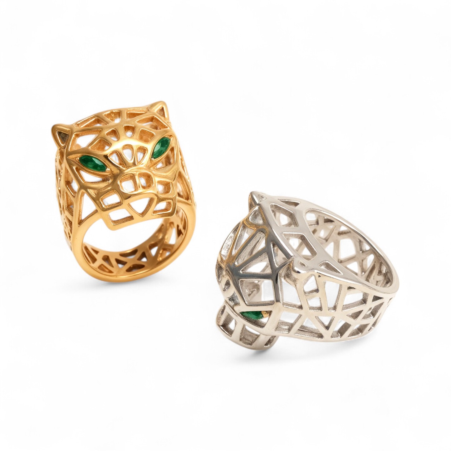 24K Gold Plated Stainless Steel Panther Head Ring with Green Stones丨G001002JLV-JinBaoJewerly