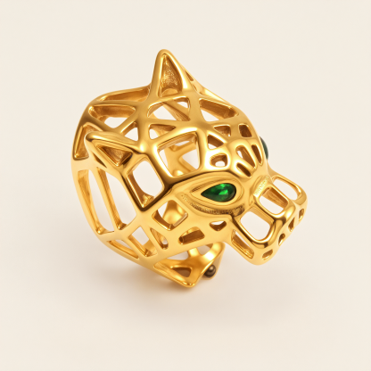 Stainless Steel Leopard Head Ring, Hollow with Green Eyes, Trendy Women's Ring丨G001002JLV-JinBaoJewerly