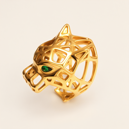 Stainless Steel Leopard Head Ring, Hollow with Green Eyes, Trendy Women's Ring丨G001002JLV-JinBaoJewerly