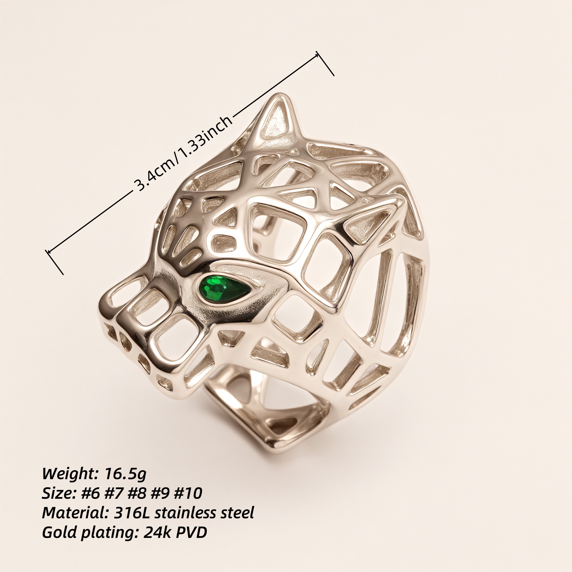 Stainless Steel Leopard Head Ring, Hollow with Green Eyes, Trendy Women's Ring丨G001002JLV-JinBaoJewerly