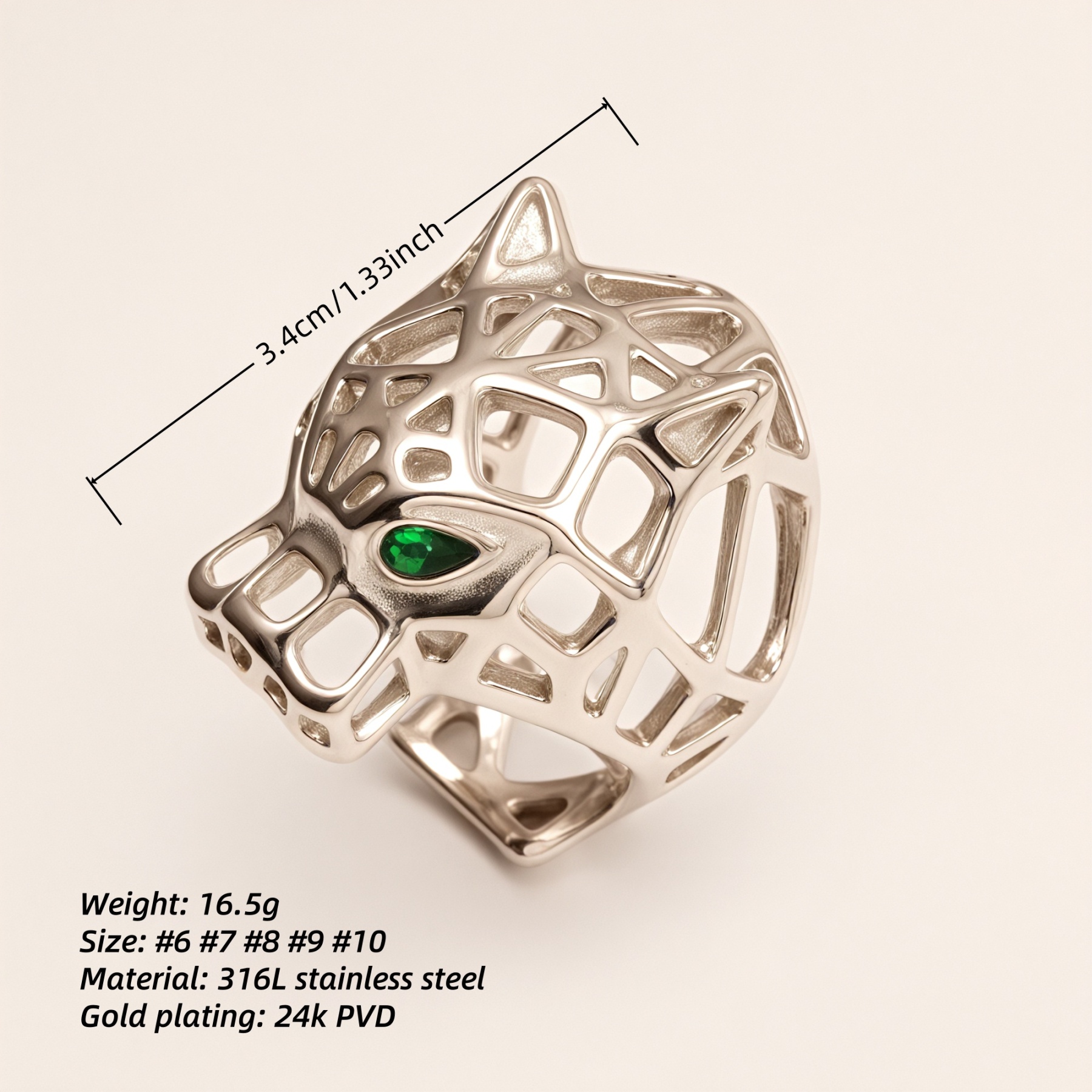 Stainless Steel Leopard Head Ring, Hollow with Green Eyes, Trendy Women's Ring丨G001002JLV-JinBaoJewerly