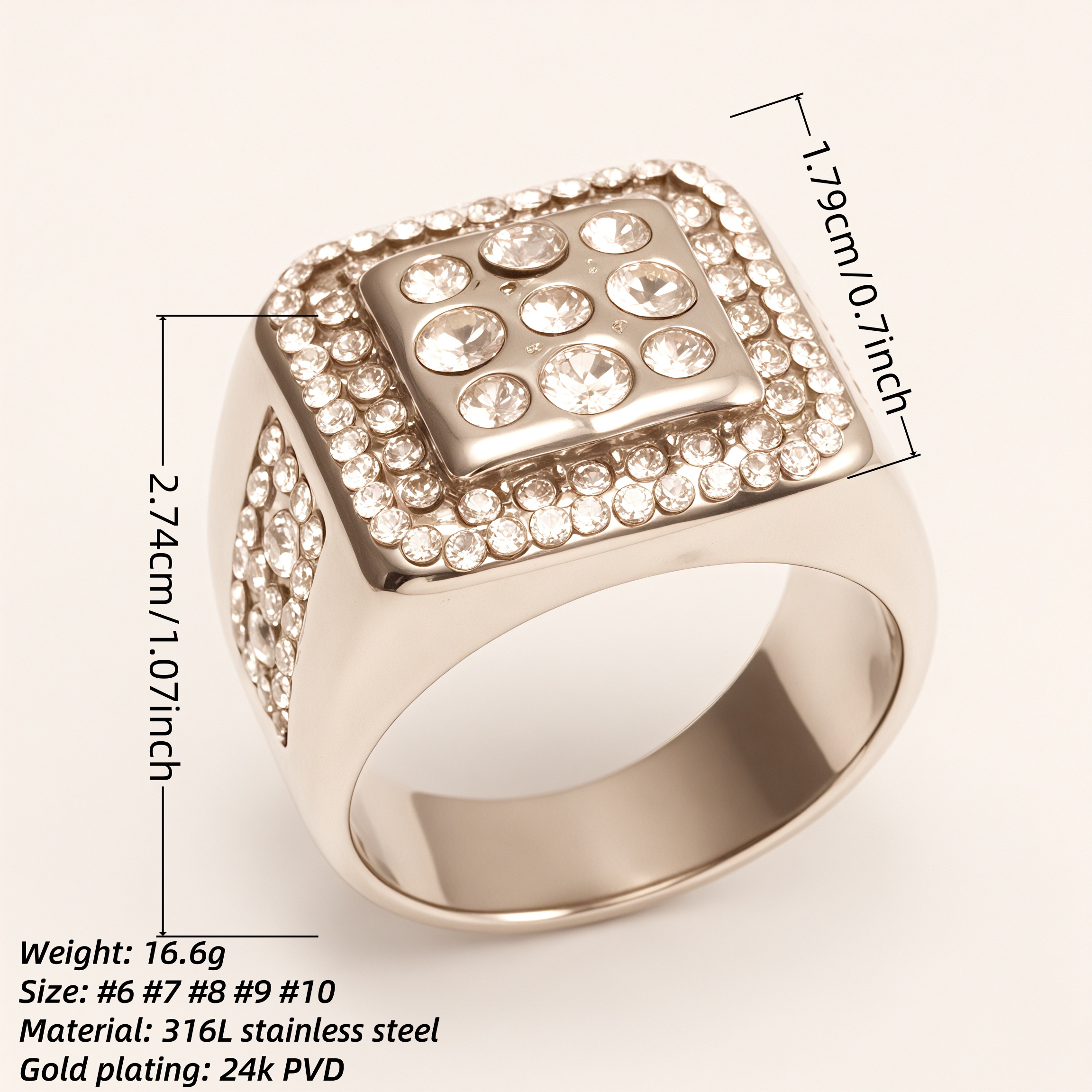 Square Crystal Stainless Steel Ring, Men’s Hip - Hop Streetwear | G003122G-JinBaoJewerly