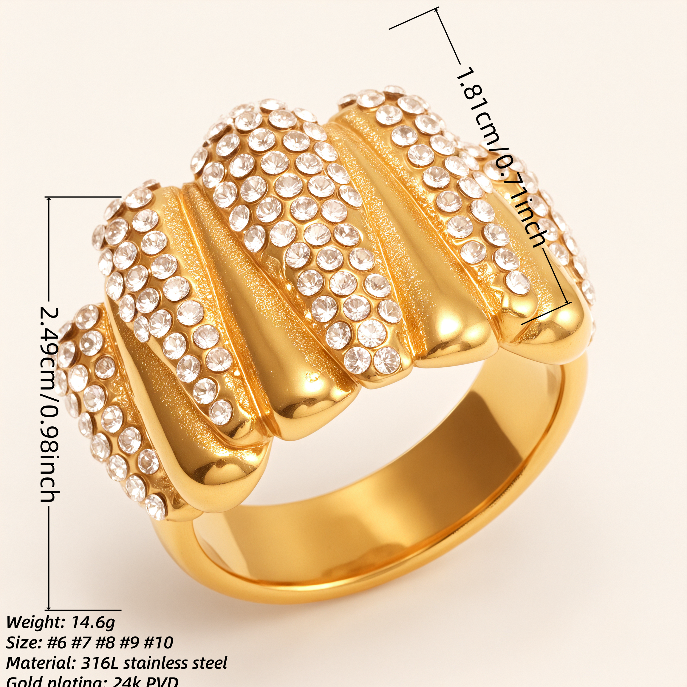 Diamond - Set Fan - Shaped Gold Ring, Stainless Steel Party Fashion Jewelry | G003974-JinBaoJewerly