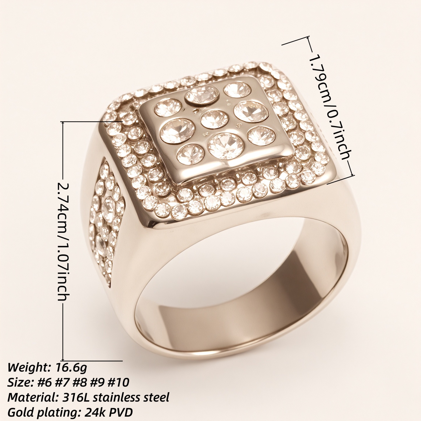 Square Crystal Stainless Steel Ring, Men’s Hip - Hop Streetwear | G003122G-JinBaoJewerly