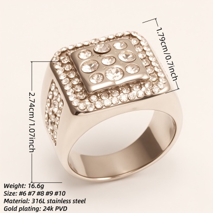Square Crystal Stainless Steel Ring, Men’s Hip - Hop Streetwear | G003122G-JinBaoJewerly