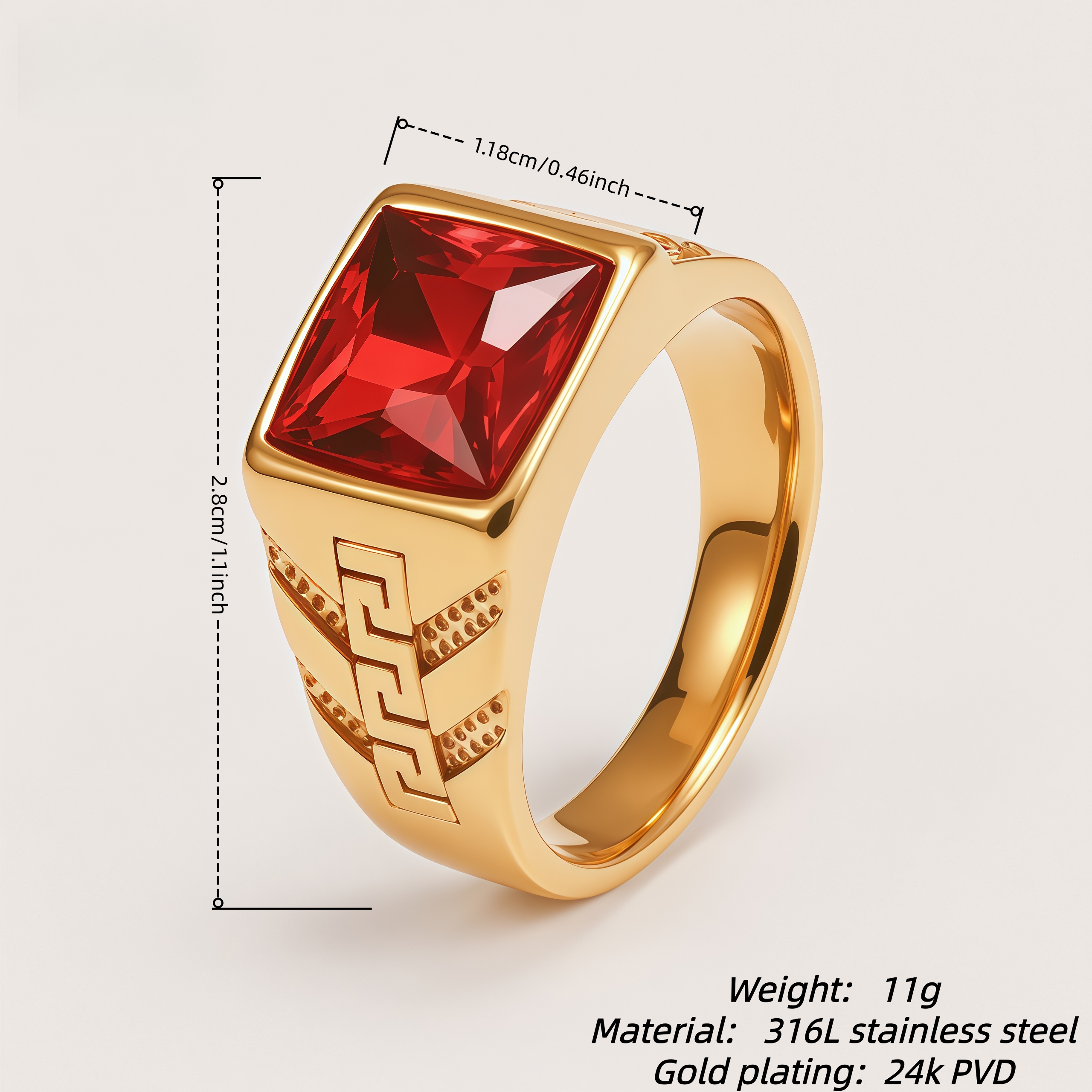 Square Gemstone Stainless Steel Ring Greek Key Design for Men | BL1099J