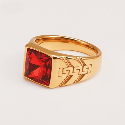 Square Gemstone Stainless Steel Ring Greek Key Design for Men | BL1099J