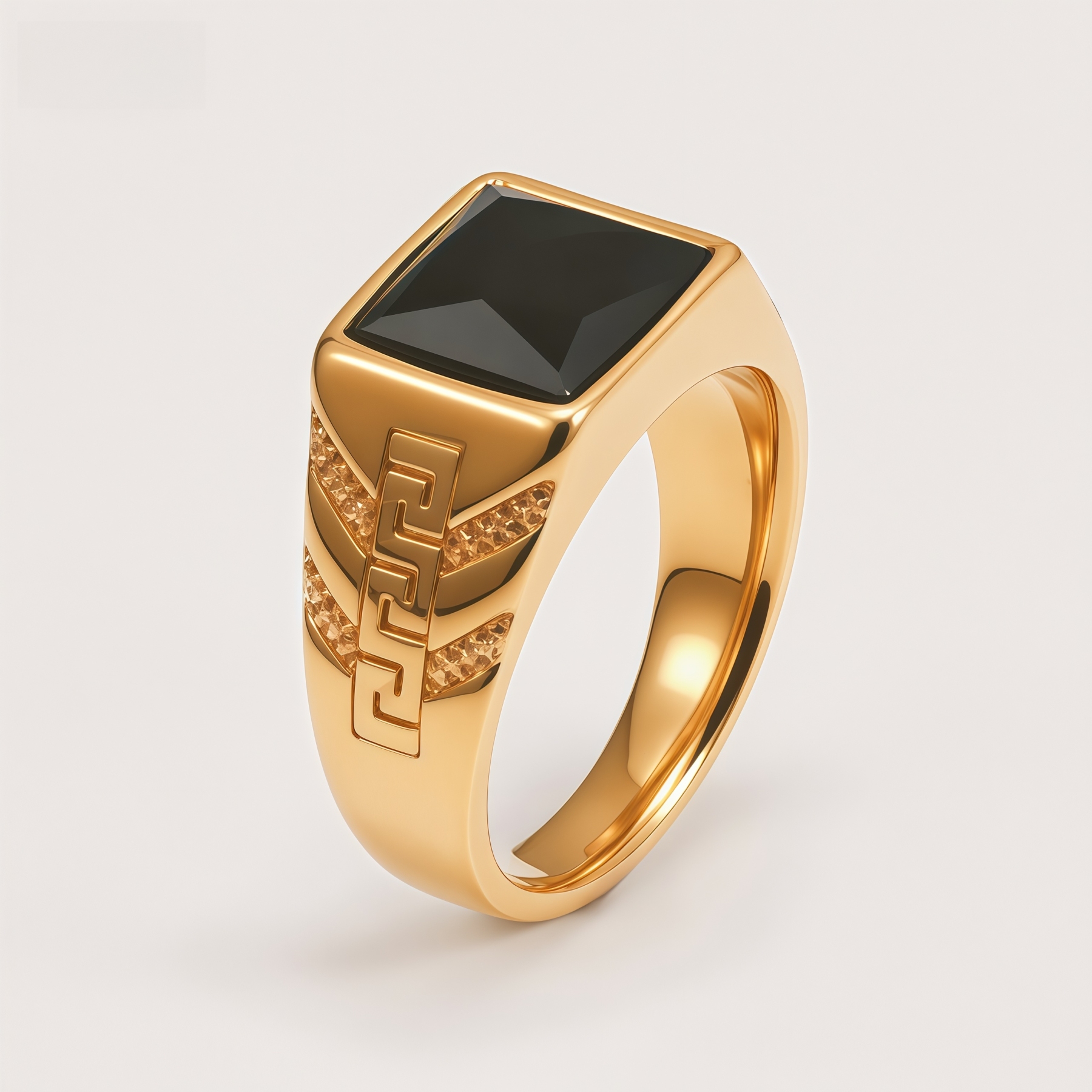 Square Gemstone Stainless Steel Ring Greek Key Design for Men | BL1099J
