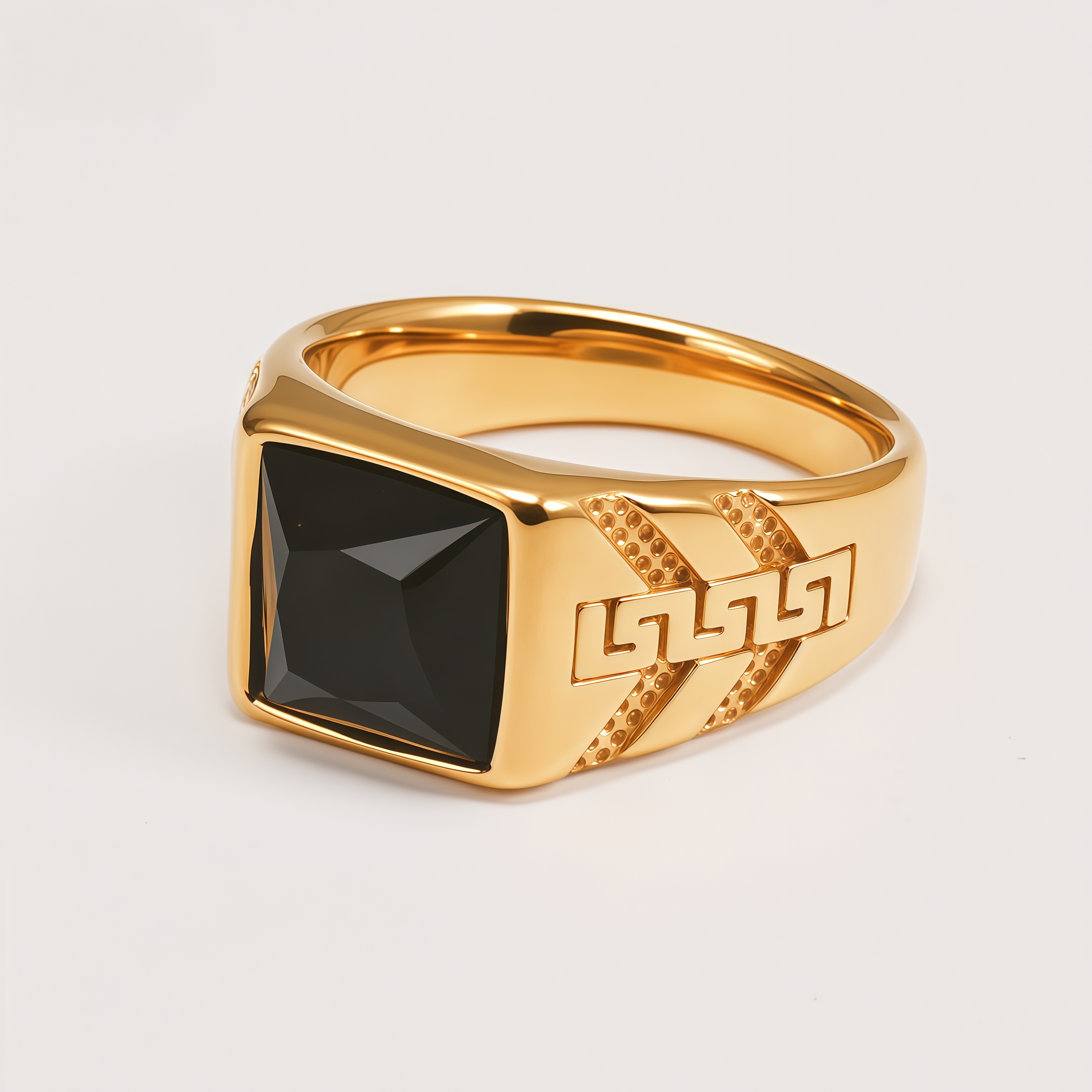 Square Gemstone Stainless Steel Ring Greek Key Design for Men | BL1099J