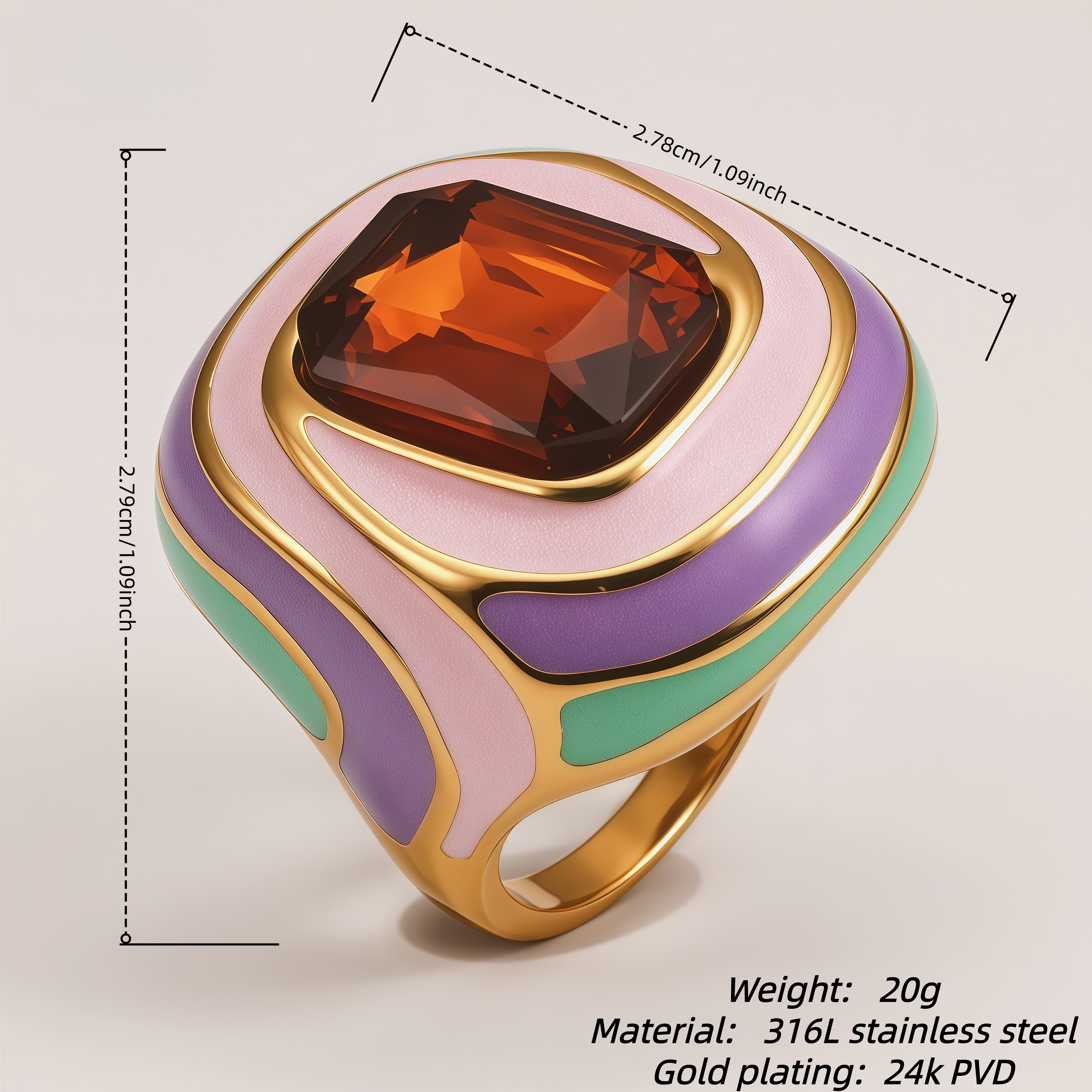 Luxury Rectangular Crystal Ring Gold Stainless Steel Artistic Design Women Ring | G004472J