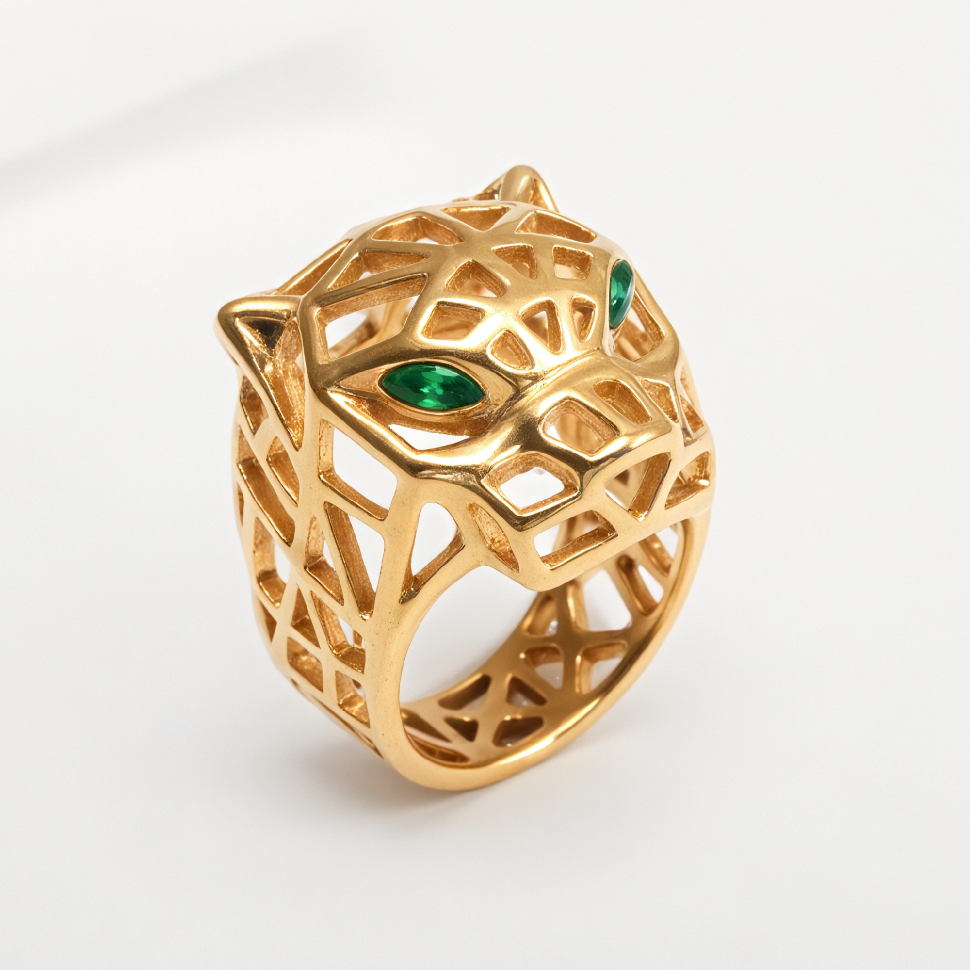 24K Gold Plated Stainless Steel Panther Head Ring with Green Stones丨G001002JLV-JinBaoJewerly