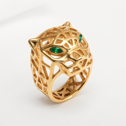 24K Gold Plated Stainless Steel Panther Head Ring with Green Stones丨G001002JLV-JinBaoJewerly