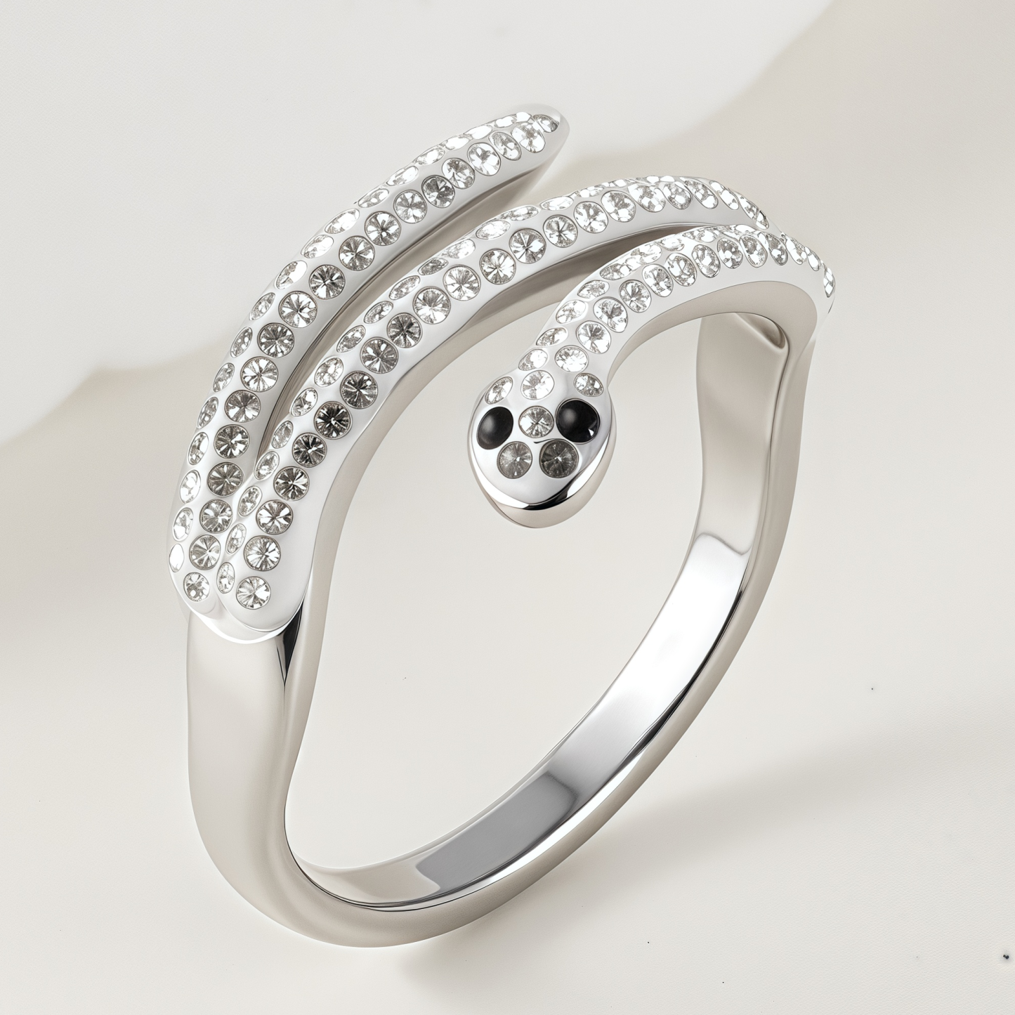 Stylish Diamond-Inlaid Snake-Shaped Silver Stainless Steel Women's Ring丨IBH-47-JinBaoJewerly