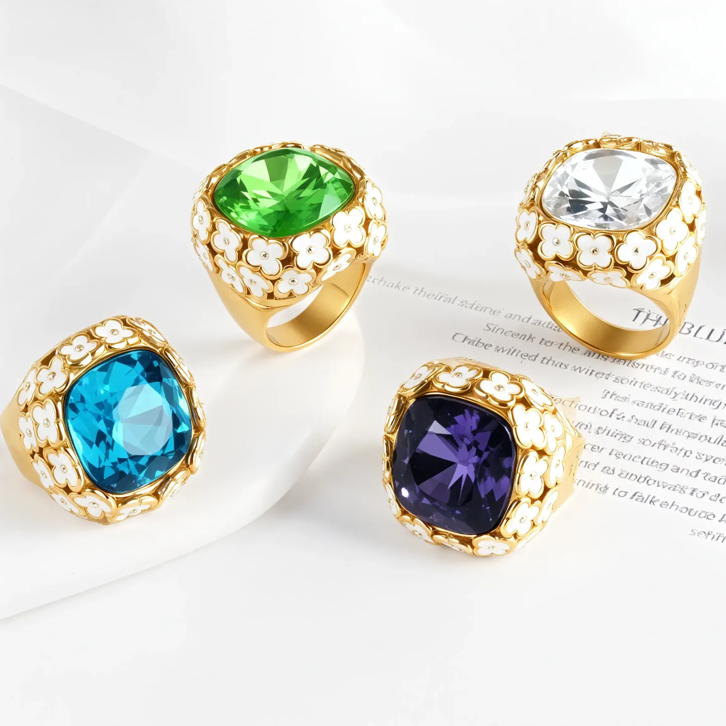 Vintage Inspired Flower Border Stainless Steel Gemstone Ring Women Ring | G004468-JinBaoJewerly