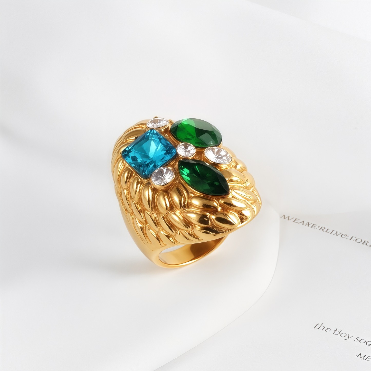 Stylish Embossed Colorful Gemstone Stainless Steel Ring for Women | G004467-JinBaoJewerly