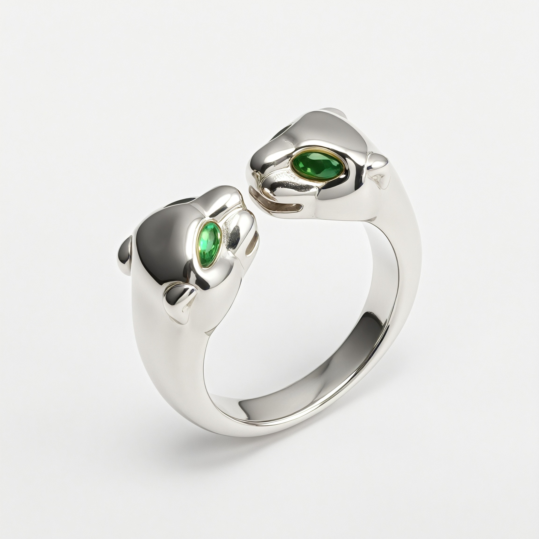 24K Gold Plated Stainless Steel Double - Panther Head Ring with Green Stones丨G006105-JinBaoJewerly