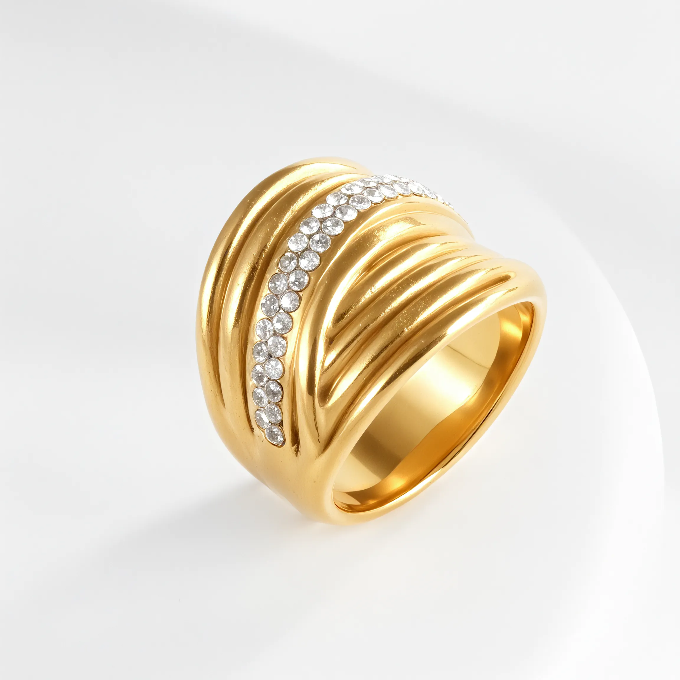 Wavy Design Diamond Inlay Ring Women's Fashion Gold Stainless Steel Band | G003860-JinBaoJewerly