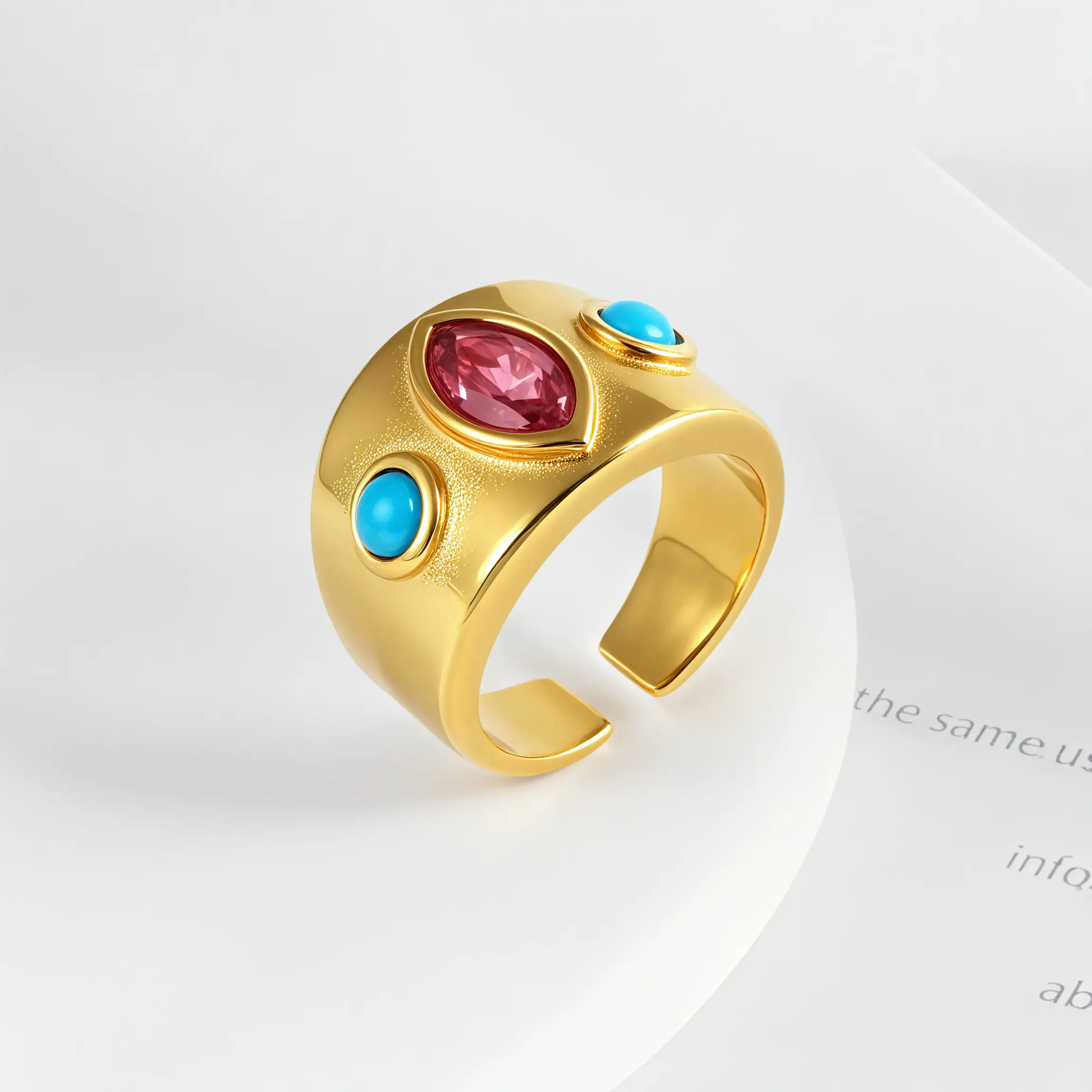 24K Gold-Plated Gem-Set Stainless Steel Unisex Waterproof Ring With Open Opening丨G003334-JinBaoJewerly
