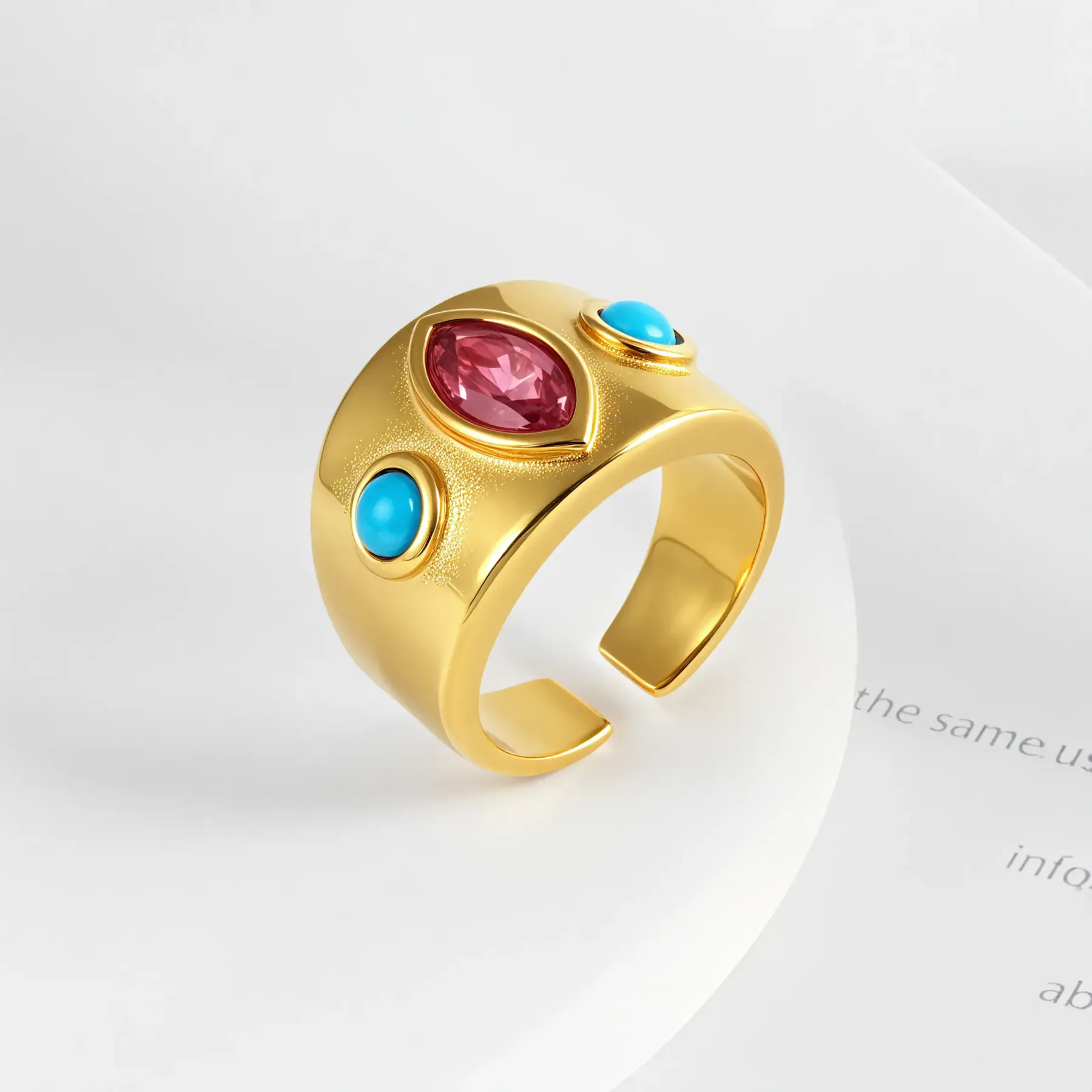 24K Gold-Plated Gem-Set Stainless Steel Unisex Waterproof Ring With Open Opening丨G003334-JinBaoJewerly