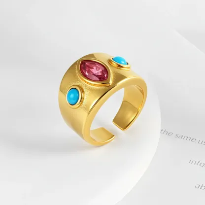 24K Gold-Plated Gem-Set Stainless Steel Unisex Waterproof Ring With Open Opening丨G003334-JinBaoJewerly